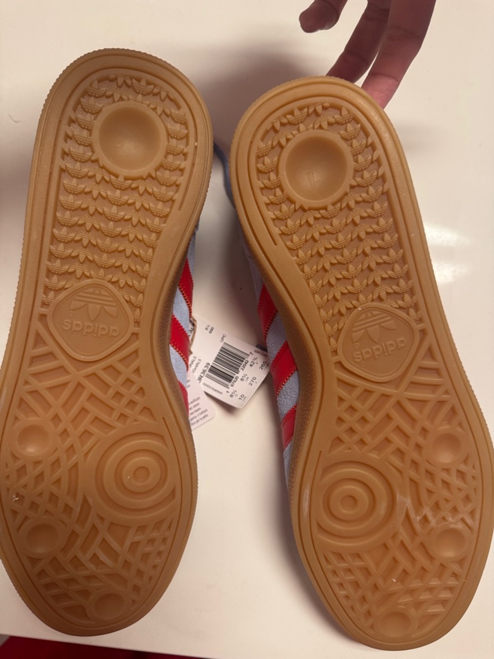 Women Adidas Light Blue Suede Sneakers with Red Stripes and Gum Sole - Picture 4 of 5